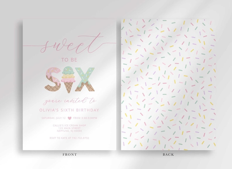 Labeled front and back layout of the invitation: the front shows the pink "Sweet to be SIX" design with party details, and the back shows a coordinating pastel sprinkle pattern.