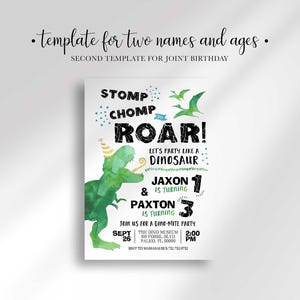 An explainer graphic reading 'template for two names and ages, second template for joint birthday' with an example of the dinosaur-themed invitation customized for a joint birthday reading 'Jaxon is turning 1 & Paxton is turning 3.'