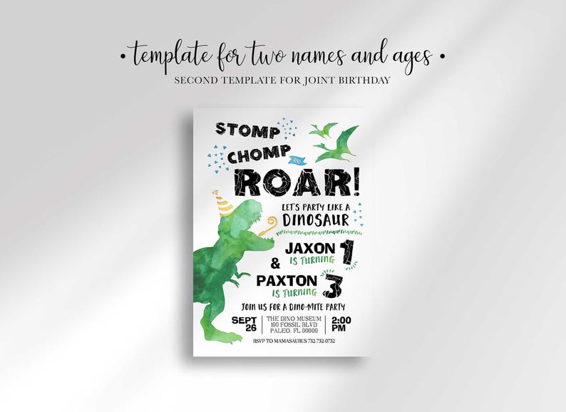 An explainer graphic reading 'template for two names and ages, second template for joint birthday' with an example of the dinosaur-themed invitation customized for a joint birthday reading 'Jaxon is turning 1 & Paxton is turning 3.'