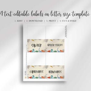 An instructional template shows four printable dinosaur food labels on a standard letter-size sheet.