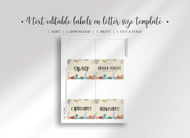 An instructional template shows four printable dinosaur food labels on a standard letter-size sheet.