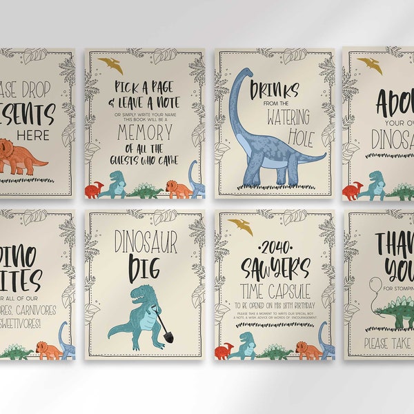 Ensemble d'enseignes modifiables pour fête des dinosaures | Adoptez un dinosaure + certificat | Fouille de dinosaure | enseigne alimentaire Dino | Merci de votre visite