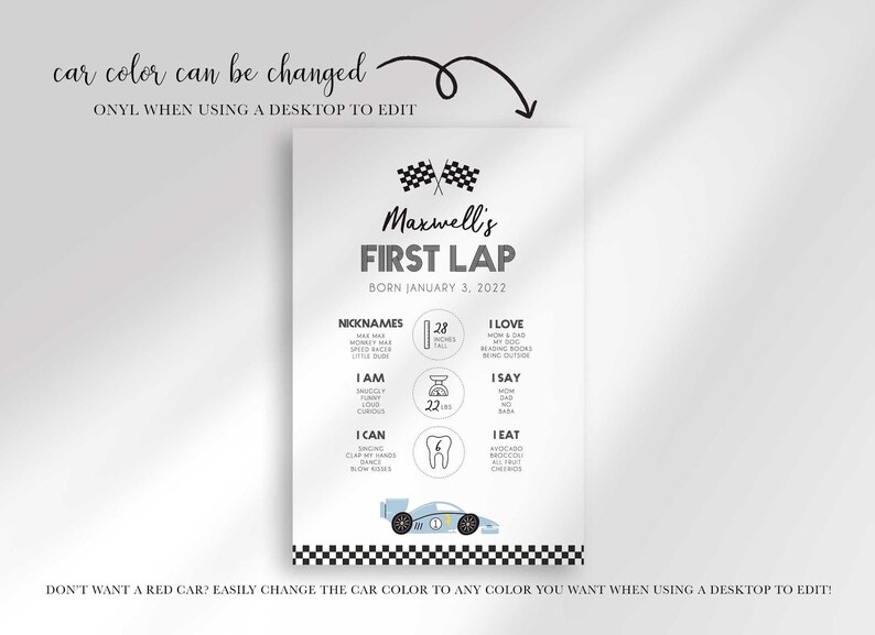 race car first birthday milestones