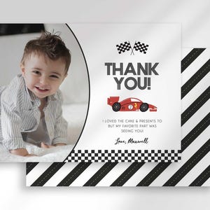 race car birthday thank you with photo