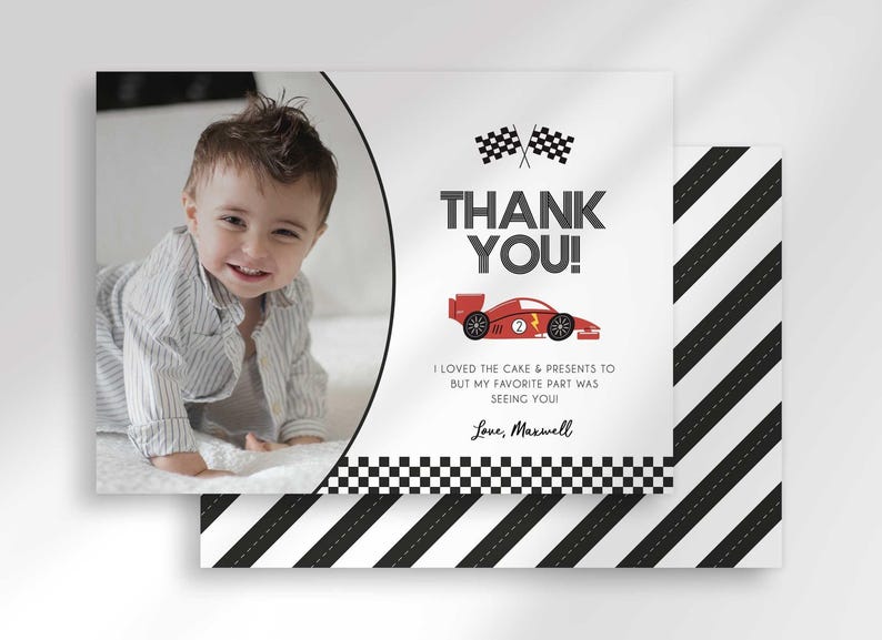 race car birthday thank you with photo