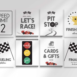 A grid of 8 race car-themed party signs reading "Speed Limit 2," "Let's Race!," "Pit Stop," "Finish Line ahead," "Refueling Station," "Ready Set Go!," "Cards & Gifts here," and "Final Lap, take one for the road," each with checkered flag accents.