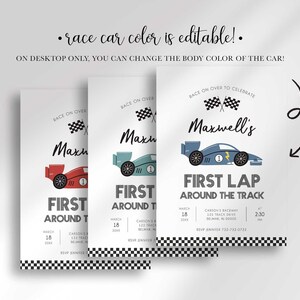 An explainer graphic reading "race car color is editable! On desktop only, you can change the body color of the car!" showing three color variants of Maxwell's invitation with red, teal, and blue race cars.