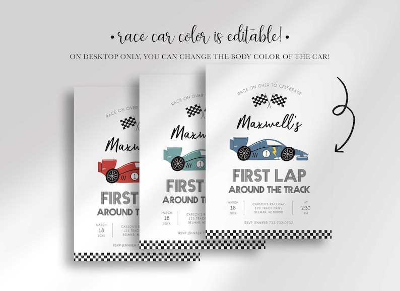 An explainer graphic reading "race car color is editable! On desktop only, you can change the body color of the car!" showing three color variants of Maxwell's invitation with red, teal, and blue race cars.