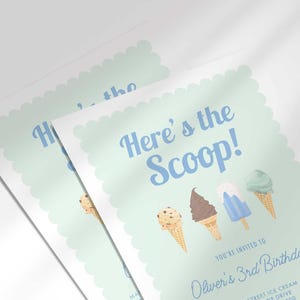 Close-up angled shot of two overlapping printed invitations, highlighting the ice cream cone illustrations and the bold "Here's the Scoop!" text detail.