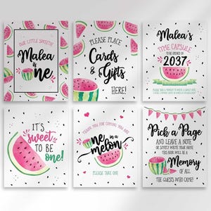 A collection of six watercolor watermelon birthday party signs featuring text and watermelon slices against a white backdrop.
