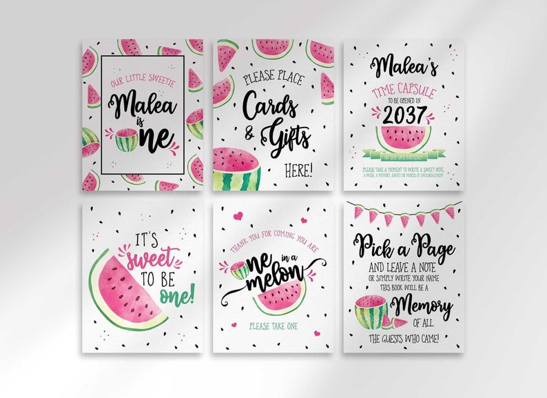 A collection of six watercolor watermelon birthday party signs featuring text and watermelon slices against a white backdrop.