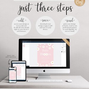 Graphic explaining the 'just three steps' process: edit your design at Corjl.com in your browser, save it as a JPG or PDF, and send it by printing at home, using a professional printer, or sending digitally, shown with the design displayed on a desktop computer, tablet, and phone.