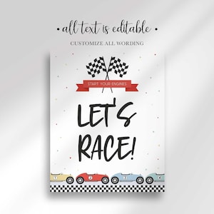 Let's Race welcome sign with checkered flags, a Start Your Engines banner, and colorful cartoon race cars along the bottom, all text editable.