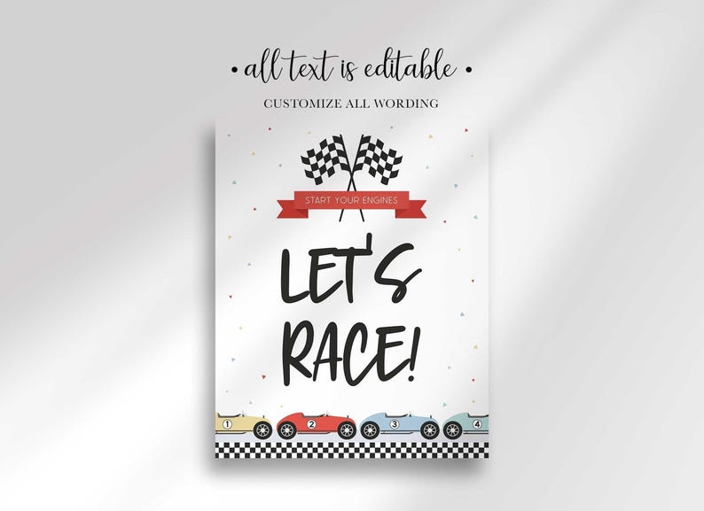 Let's Race welcome sign with checkered flags, a Start Your Engines banner, and colorful cartoon race cars along the bottom, all text editable.