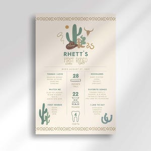 Western Cowboy Rodeo First Birthday Milestone Board: 1st Year Stat Chart (Digital Download)
