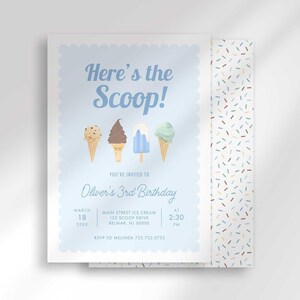"Here's the Scoop!" ice cream birthday invitation with pastel blue ice cream cone illustrations and a colorful sprinkle pattern, for Oliver's 3rd birthday.