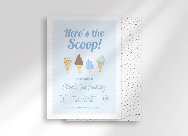 "Here's the Scoop!" ice cream birthday invitation with pastel blue ice cream cone illustrations and a colorful sprinkle pattern, for Oliver's 3rd birthday.