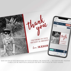 Angled photo of the card recolored in red beside a phone mockup showing the corjl.com editor, with text "Edit in your web browser on your mobile or desktop, no software needed. Card can be printed & mailed or sent digitally in text/email."