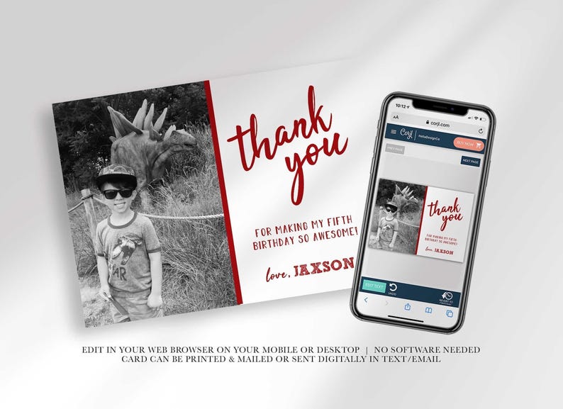 Angled photo of the card recolored in red beside a phone mockup showing the corjl.com editor, with text "Edit in your web browser on your mobile or desktop, no software needed. Card can be printed & mailed or sent digitally in text/email."