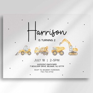 Printable construction truck second birthday invitation with yellow excavators, dump trucks, and cement mixers, customized with the child's name and party details.