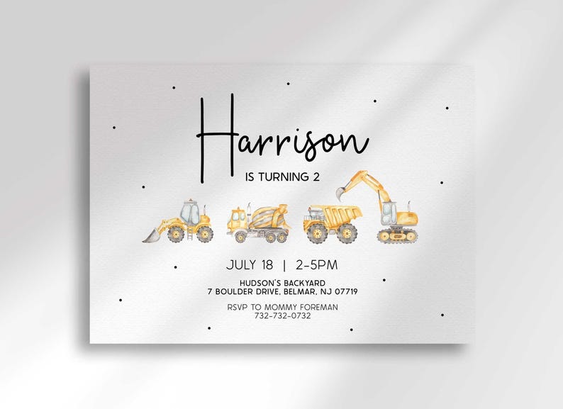 Printable construction truck second birthday invitation with yellow excavators, dump trucks, and cement mixers, customized with the child's name and party details.