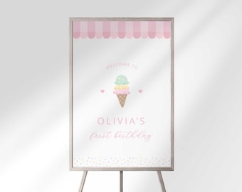 Ice Cream Birthday Welcome Sign, Sweet One Girl Party Digital Download