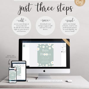 Graphic explaining the 'just three steps' process: edit your design at Corjl.com in your browser, save it as a JPG or PDF, and send it by printing at home, using a professional printer, or sending digitally, shown with the design displayed on a desktop computer, tablet, and phone.