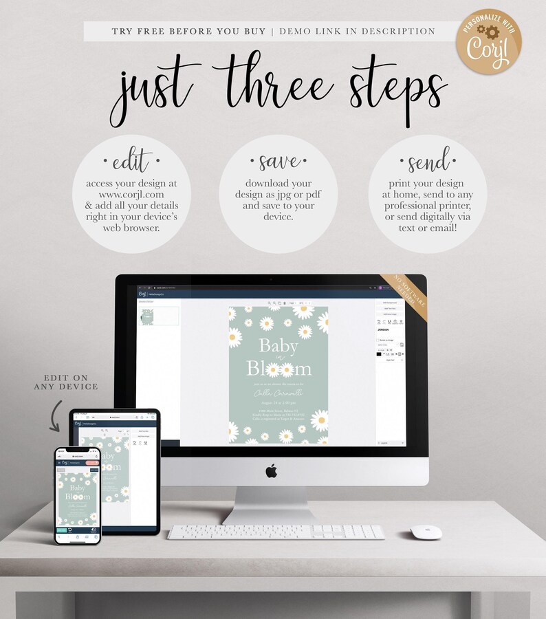 Graphic explaining the 'just three steps' process: edit your design at Corjl.com in your browser, save it as a JPG or PDF, and send it by printing at home, using a professional printer, or sending digitally, shown with the design displayed on a desktop computer, tablet, and phone.