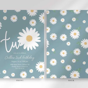 Front and back view of the invitation: the front shows the dusty blue daisy design with party details, and the back shows a matching repeating daisy pattern.