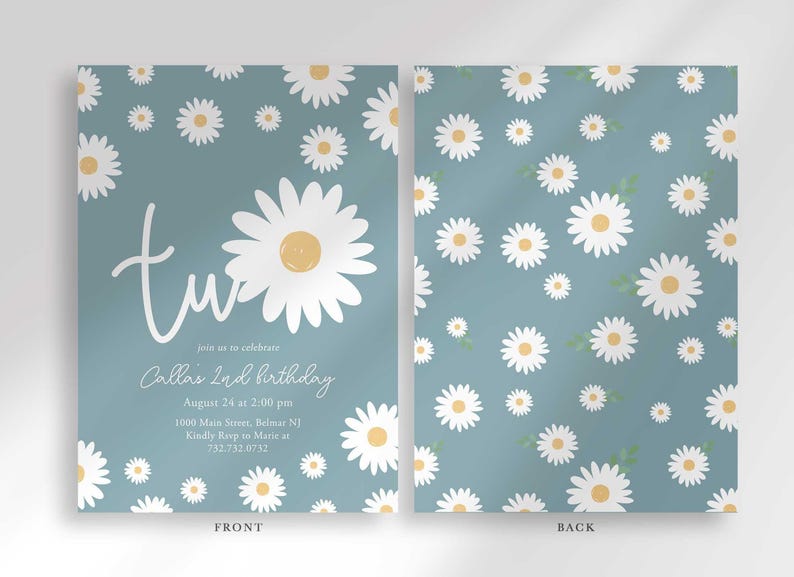 Front and back view of the invitation: the front shows the dusty blue daisy design with party details, and the back shows a matching repeating daisy pattern.