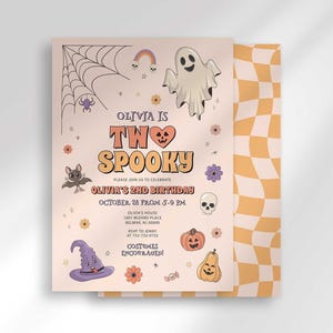 Halloween-themed second birthday invitation with an illustrated ghost, spiderweb, bat, pumpkin, and witch hat on a cream background, reading "Olivia is Two Spooky, please join us to celebrate Olivia's 2nd birthday" with the party date, time, location, and a note that costumes are encouraged.