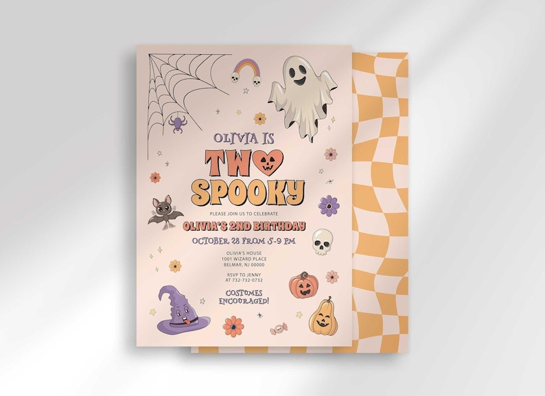 Halloween-themed second birthday invitation with an illustrated ghost, spiderweb, bat, pumpkin, and witch hat on a cream background, reading "Olivia is Two Spooky, please join us to celebrate Olivia's 2nd birthday" with the party date, time, location, and a note that costumes are encouraged.