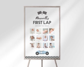 Retro Race Car First Birthday Milestone Board: Grand Prix Photo Collage Template (Digital Download)