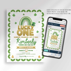 Graphic showing the Lucky One invitation open for editing on a phone screen at Corjl.com, with the note Edit Online In Your Web Browser, Then Print and Mail or Send Digitally Via Text or Email.