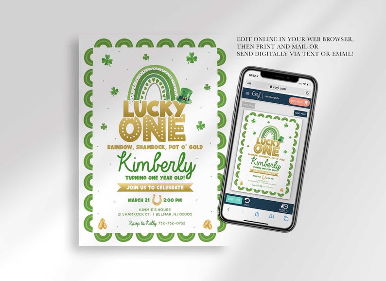 Graphic showing the Lucky One invitation open for editing on a phone screen at Corjl.com, with the note Edit Online In Your Web Browser, Then Print and Mail or Send Digitally Via Text or Email.