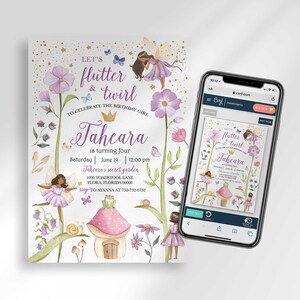 Angled phone mockup of the same Let's Flutter & Twirl invitation for Taheara, showing the full design close up.