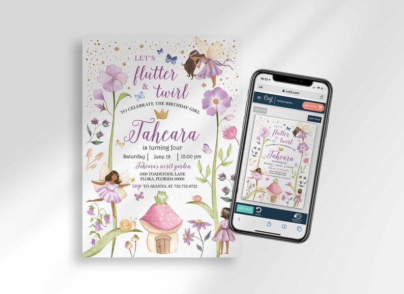 Angled phone mockup of the same Let's Flutter & Twirl invitation for Taheara, showing the full design close up.