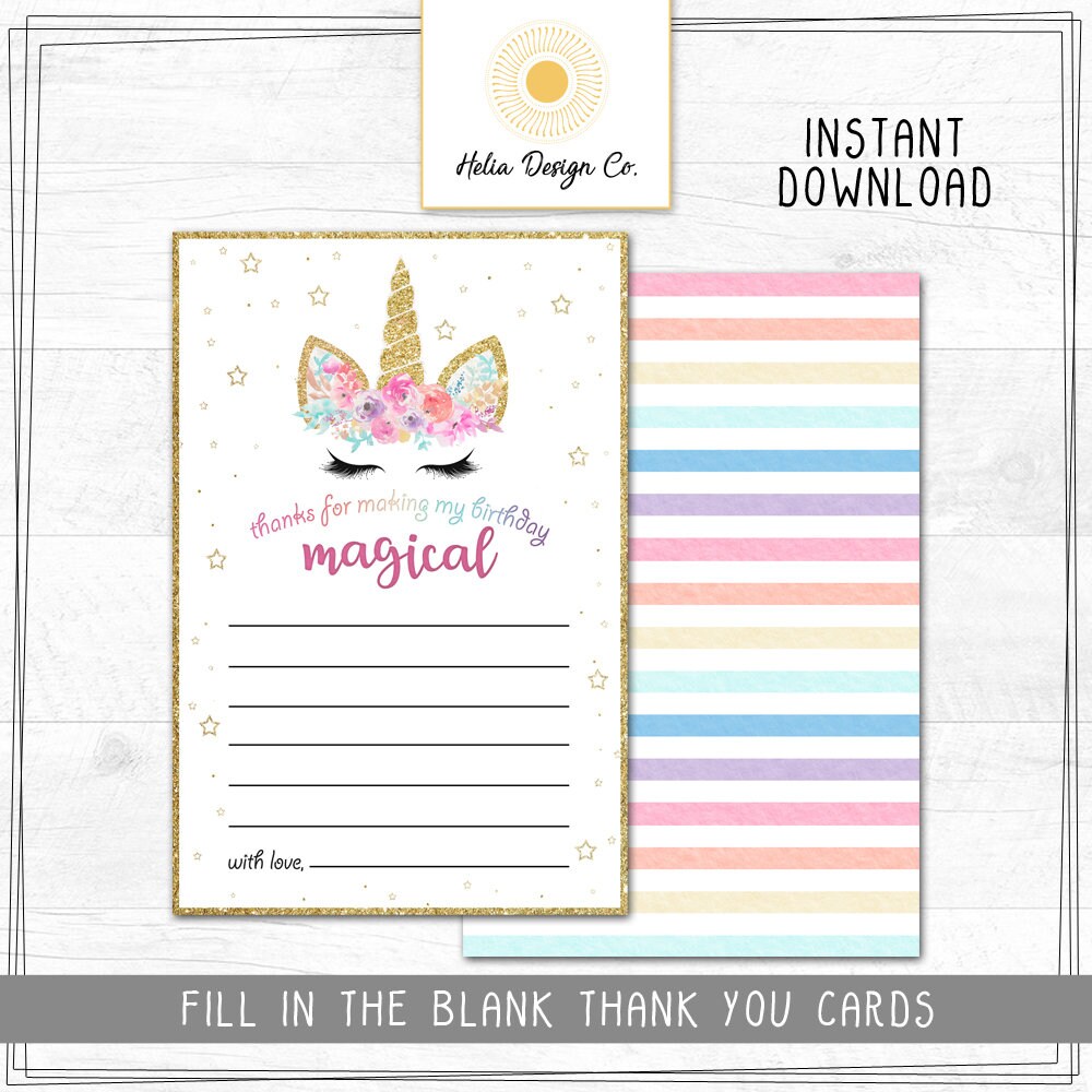 unicorn birthday thank you card instant digital