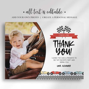 An explainer graphic reading "all text is editable, add your own photo, create a personal message" shown over Alexander's race car-themed thank you photo card.