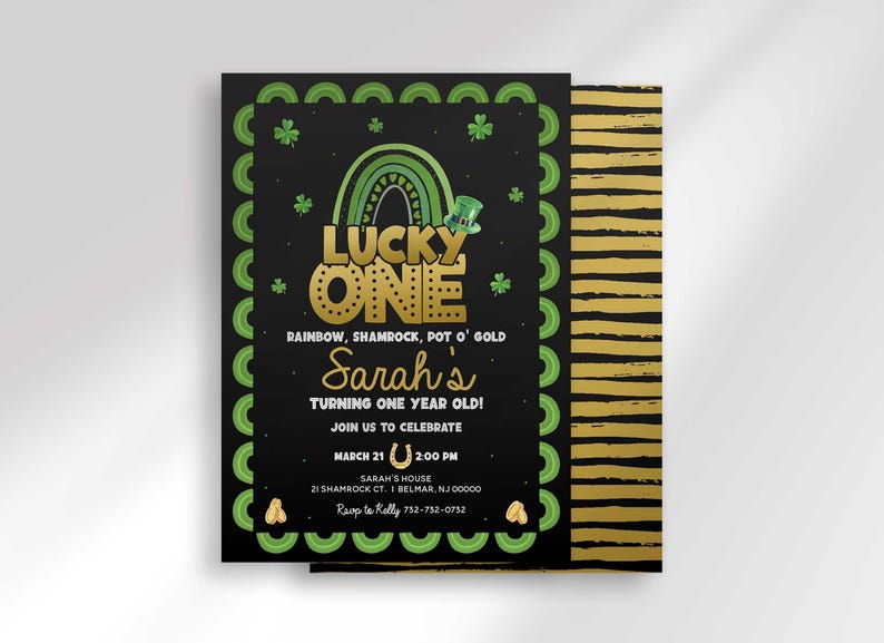 Styled mockup of the "Lucky One" invitation front layered over its black and gold striped card back, showing both sides of the printed design.
