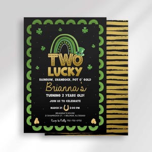 Two Lucky St. Patrick's Day birthday invitation layered over a gold striped backing card.