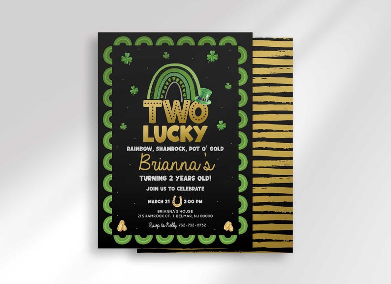 Two Lucky St. Patrick's Day birthday invitation layered over a gold striped backing card.
