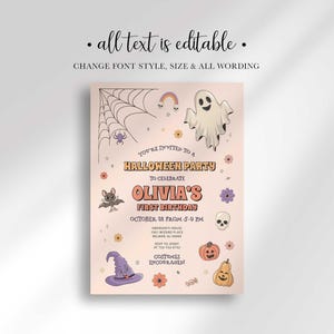 An explainer graphic reading "all text is editable, change font style, size & all wording" shown over Olivia's Halloween-themed invitation design.
