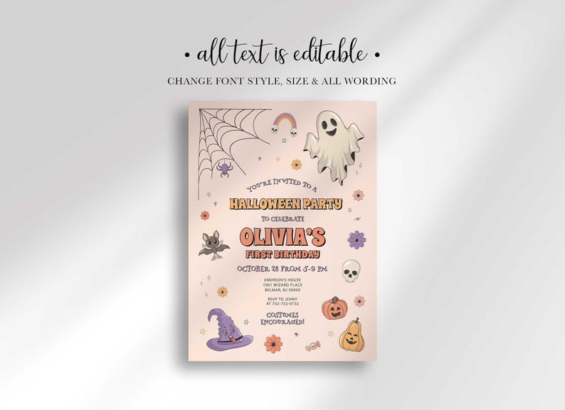 An explainer graphic reading "all text is editable, change font style, size & all wording" shown over Olivia's Halloween-themed invitation design.