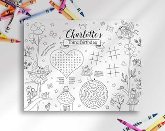 Editable Fairy Birthday Placemat Coloring Page,  Printable Table Decor (Digital Download)
