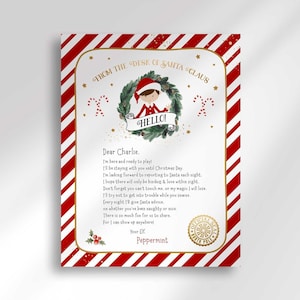 Carta de bienvenida personalizable de un elfo desde el escritorio de Santa Claus: primera llegada, ideas para estantes, tradición navideña.