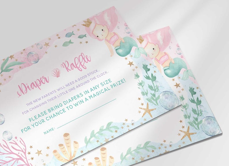 Angled close-up of two printed mermaid themed diaper raffle cards overlapping, showing the coral, shell, and starfish design.