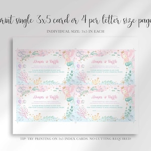 Print layout showing four mermaid themed diaper raffle cards per letter-size page, each 3x5 inches, with a tip to print on 3x5 index cards for no cutting required.