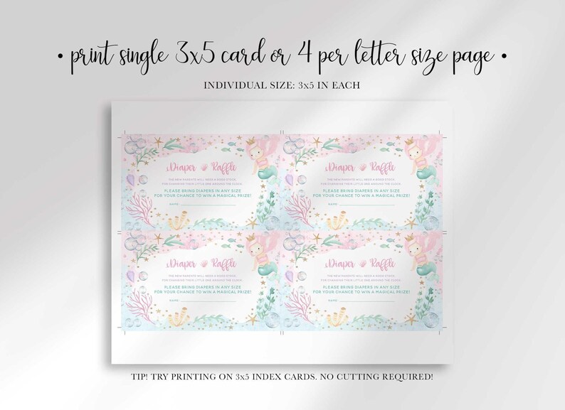 Print layout showing four mermaid themed diaper raffle cards per letter-size page, each 3x5 inches, with a tip to print on 3x5 index cards for no cutting required.