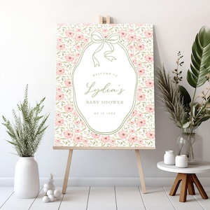 Welkomstbordje Baby in Bloom, decor babyshower, benodigdheden verjaardagsfeestje, roze strik, instant download